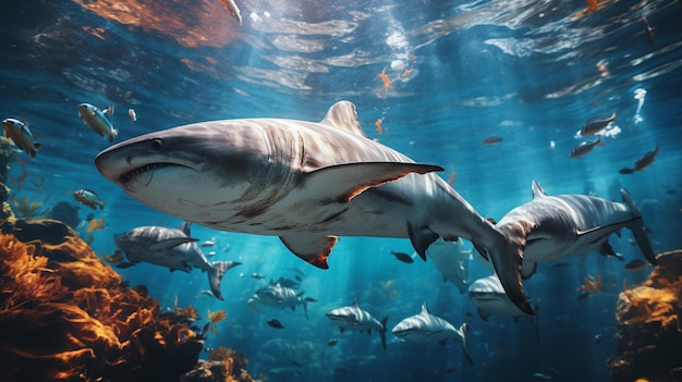 foto de un grupo de tiburones bajo el agua