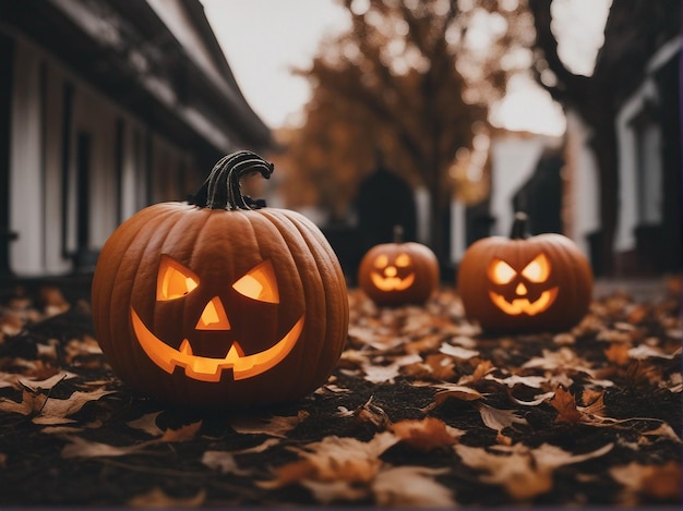 Foto gruselige Halloween-Kürbisse im Wald