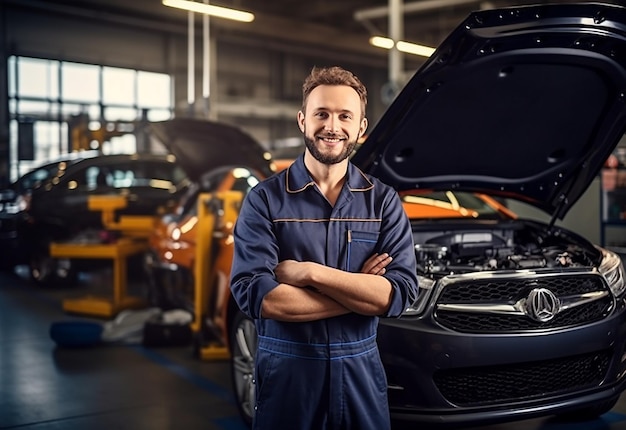 Foto de un guapo mecánico de reparación de vehículos.