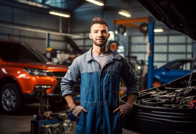 Foto foto de un guapo mecánico de reparación de vehículos.