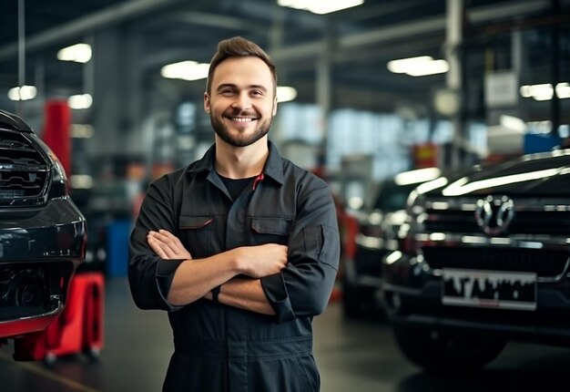 Foto de un guapo mecánico de reparación de vehículos.