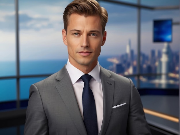 Foto de un guapo presentador de noticias de televisión