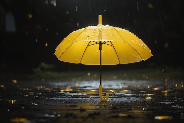 Foto guarda-chuva amarelo sob gotas de chuva com negócio de fundo preto e conceito de moda
