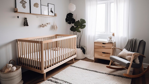 Una foto de una guardería minimalista con elementos funcionales para bebés