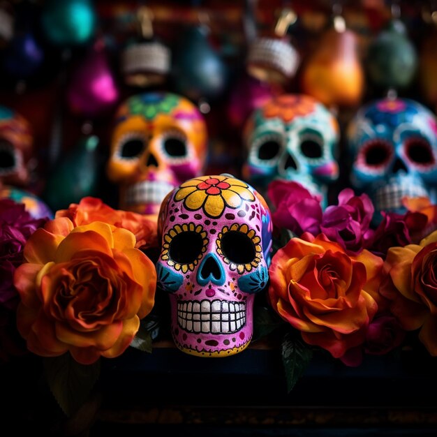 Foto de la guirlanda de las calaveras coloridas