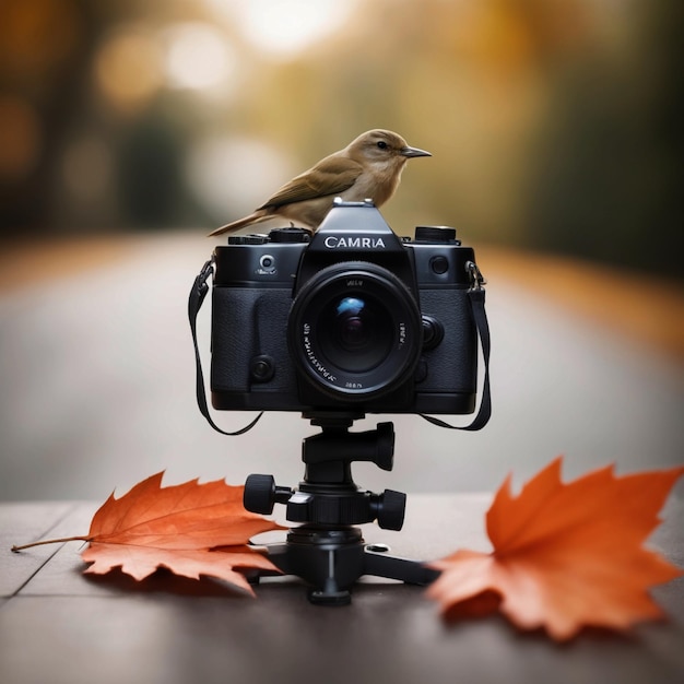 Foto há um pássaro sentado em uma câmera com uma folha generativa