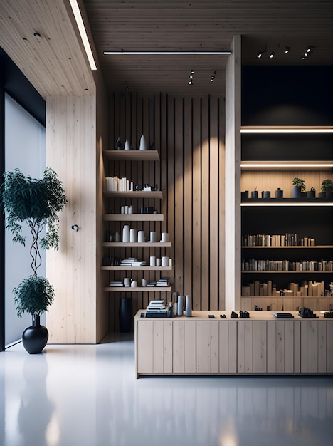 Foto de una habitación acogedora con estantes de madera y una planta en olla vibrante