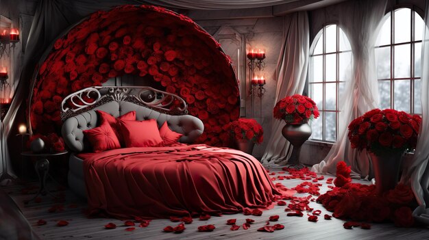 Foto habitación decorada para el día de San Valentín con puertas en forma de corazón y pétalos de rosa