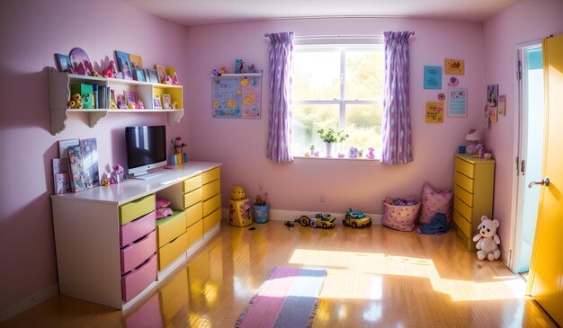 Foto de una habitación infantil caprichosa y colorida con paredes rosadas y armarios amarillos