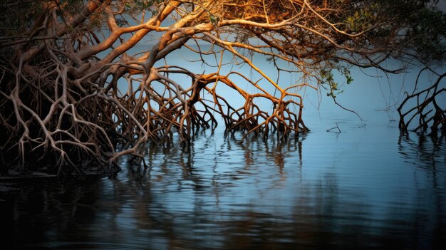 Foto una foto de un hábitat de manglar con ramas retorcidas y aguas tranquilas como telón de fondo