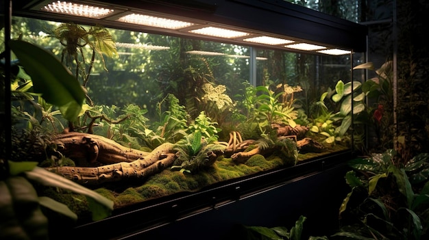 Una foto de un hábitat de reptiles con iluminación UVB