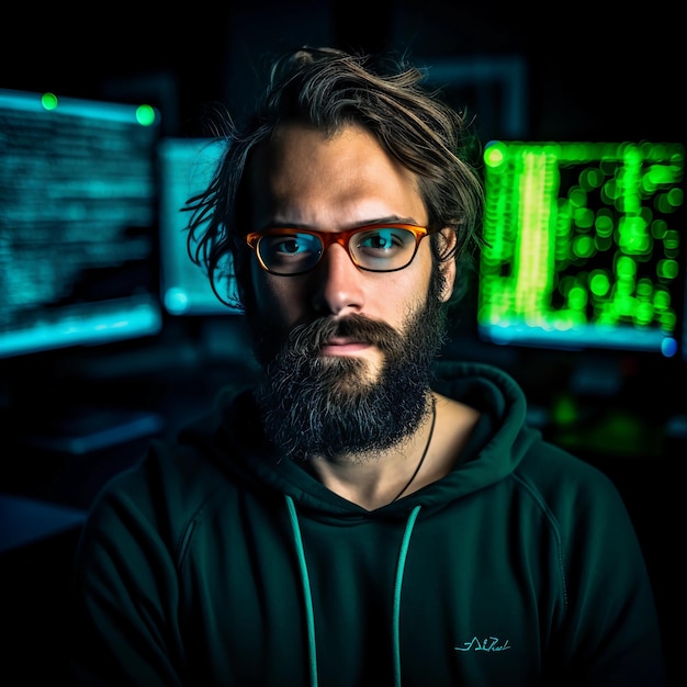 foto de un hacker informático con un ícono de barba usando una camiseta negra con luz de color neón