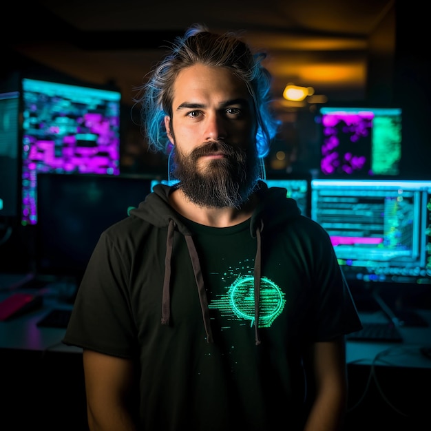 foto de un hacker informático con un ícono de barba usando una camiseta negra con luz de color neón