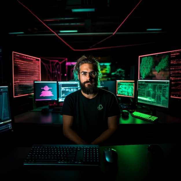 foto de un hacker informático con un ícono de barba usando una camiseta negra con luz de color neón