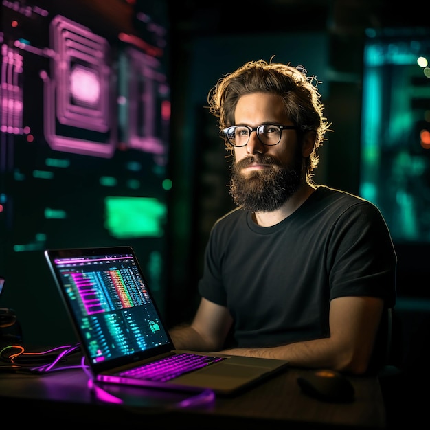 foto de un hacker informático con un ícono de barba usando una camiseta negra con luz de color neón