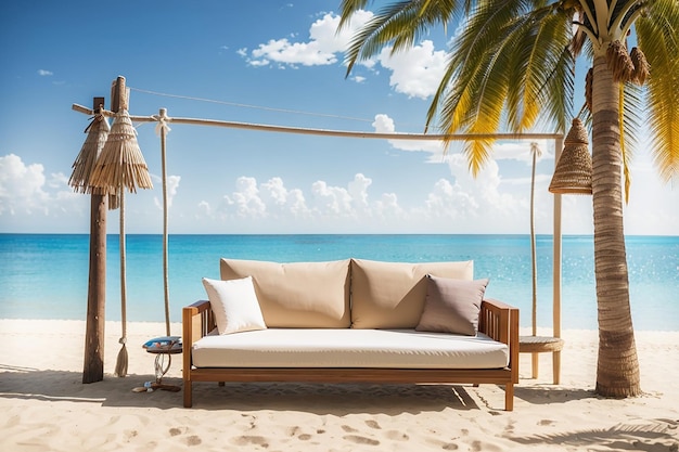 Foto hängendes Sofa am Sandstrand mit Palmen und Meerblick