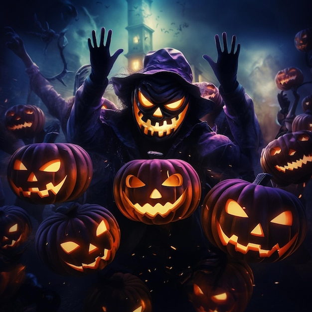 Foto Halloween-Party-Hintergrund mit gruseligem Schloss böse Kürbisse für den Halloween-Tag
