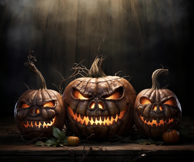 Foto-Halloween-Tageskonzept mit gruseligen bösen Kürbissen auf einem Holztisch und Kopierraumtext