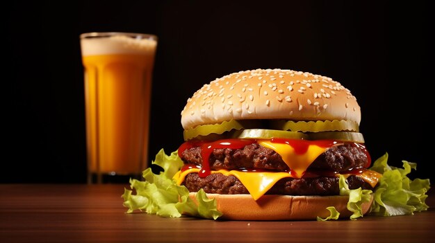 Foto hambúrguer e batatas fritas molho de tomate com coca-cola ou cerveja