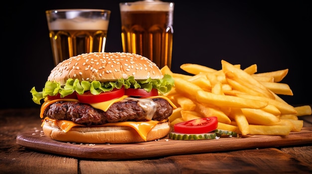 Foto hambúrguer e batatas fritas molho de tomate com coca-cola ou cerveja
