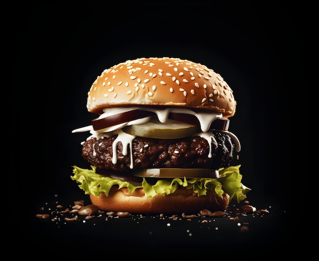 Foto foto hambúrguer saboroso isolado em fundo preto hambúrguer fresco fastfood generativo ai