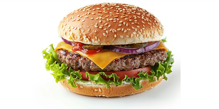 Foto de una hamburguesa de carne fresca aislada sobre un fondo blanco