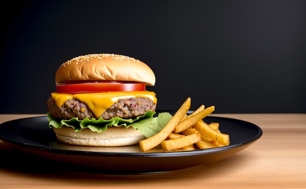 Foto de hamburguesa y papas fritas sobre fondo negro