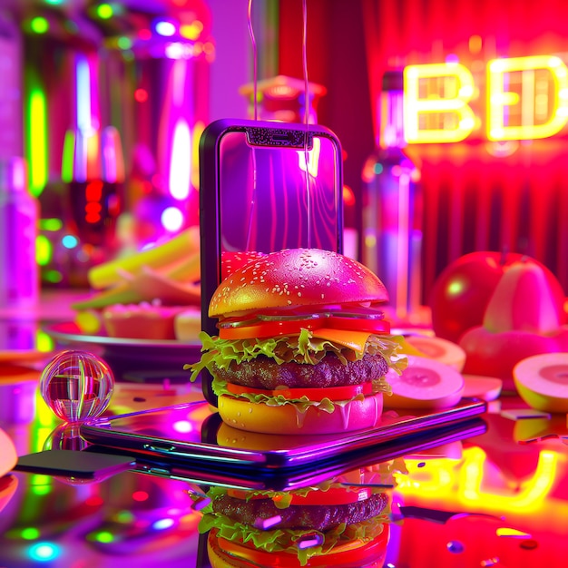 Una foto con hamburguesas 3D de Socila Media publicadas en un teléfono inteligente de la generación ai.