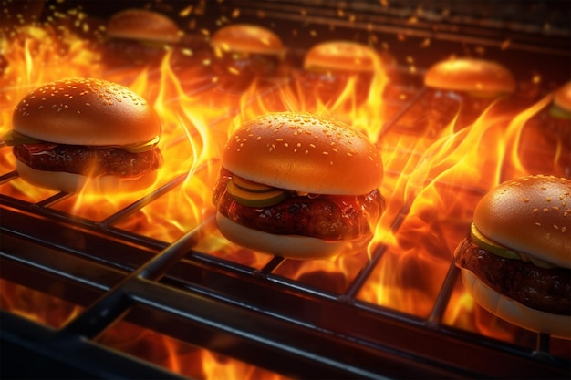 Foto de hamburguesas en una parrilla con una llama detrás de ellas