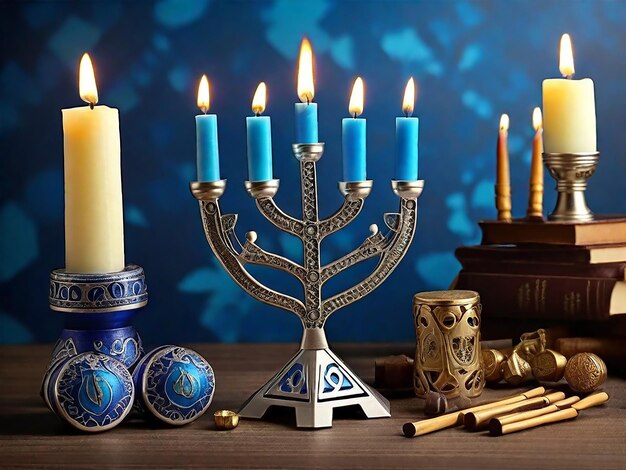 Foto Hanukkah feriado judaico com menorah judaísmo candelabro e brinquedo de jogo tradicional dreidrel