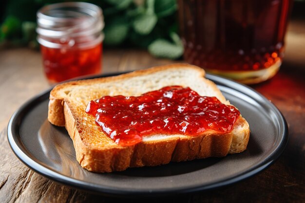 Foto hausgemachtes Vollweizenbrot mit Erdbeermarmelade und frischen Erdbeeren Ai erzeugt