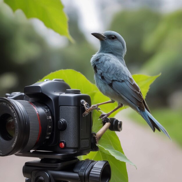 Foto foto hay un pájaro sentado en una cámara con una hoja generativa