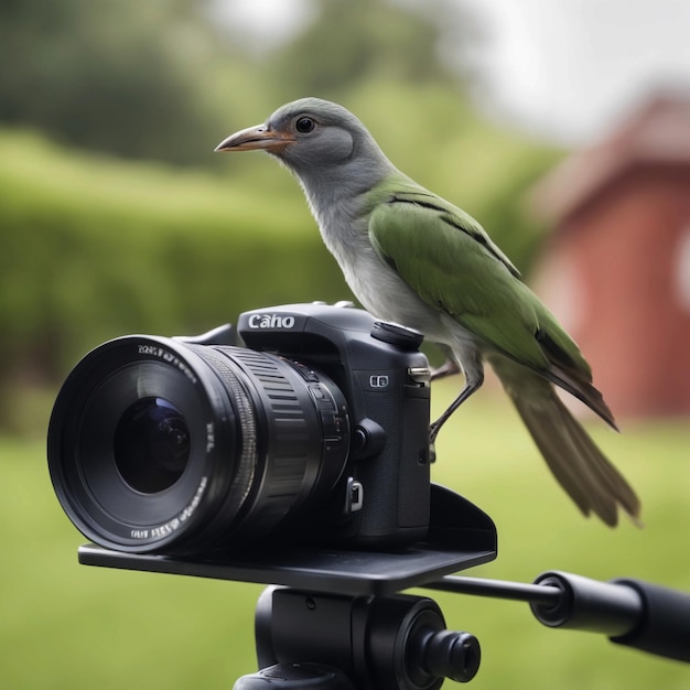 Foto hay un pájaro sentado en una cámara con una hoja generativa