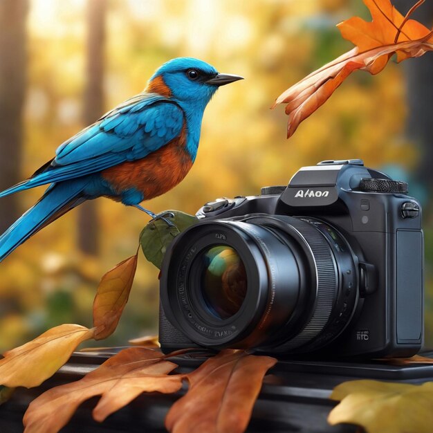 Foto hay un pájaro sentado en una cámara con una hoja generativa