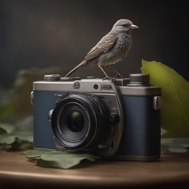 Foto hay un pájaro sentado en una cámara con una hoja generativa