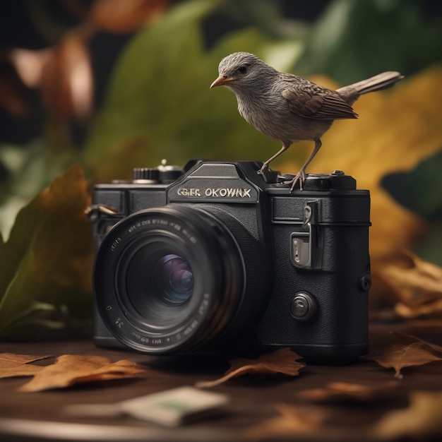 Foto hay un pájaro sentado en una cámara con una hoja generativa