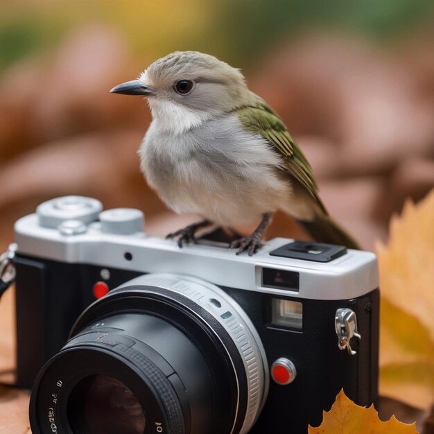 Foto foto hay un pájaro sentado en una cámara con una hoja generativa