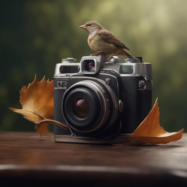 Foto hay un pájaro sentado en una cámara con una hoja generativa