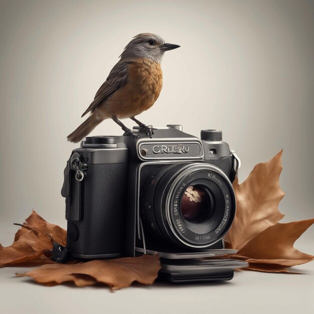 Foto hay un pájaro sentado en una cámara con una hoja generativa