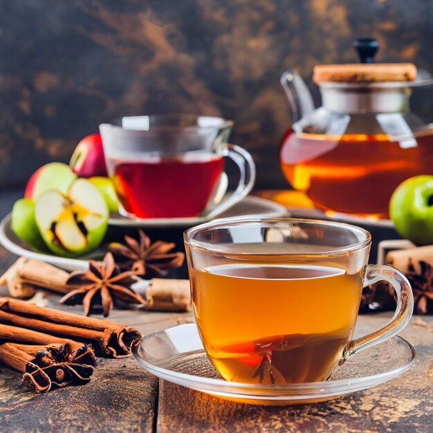 Foto heißer Tee mit Äpfeln, Zimt, Sternanis und Honig in einer Tasse und Teekanne auf dem Tisch