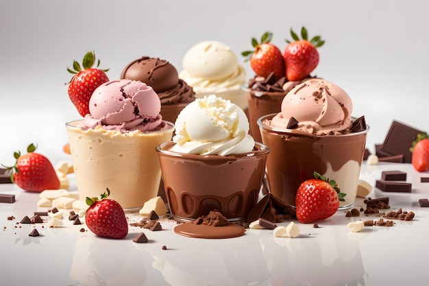 Foto helado de chocolate, vainilla y fresa aislado en blanco