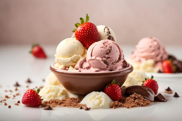 Foto helado de chocolate, vainilla y fresa aislado en blanco