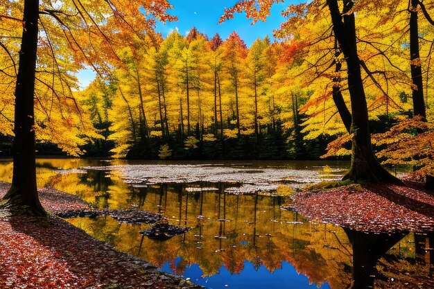 Foto Herbstlandschaft im Park mit einem Teich und einer Spiegelung darin