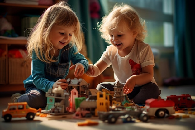 Foto de hermanos juntos jugando con juguetes