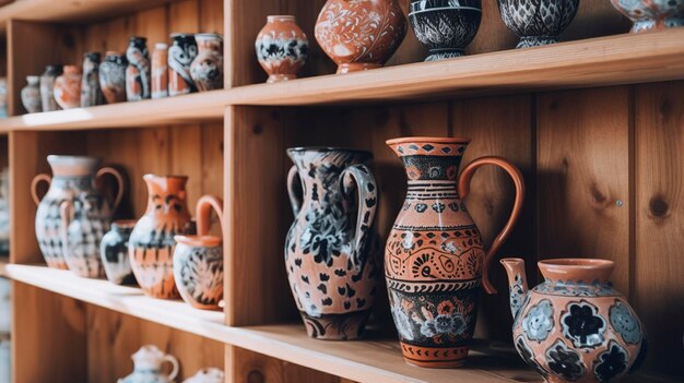 Una foto de una hermosa cerámica en un estante de madera