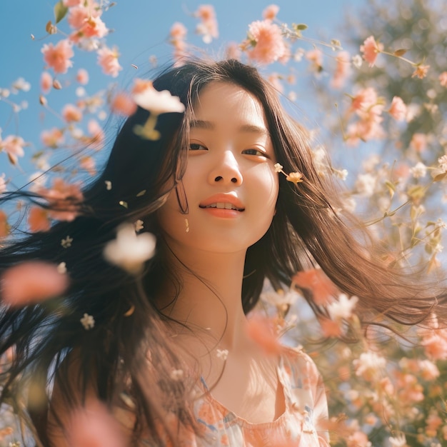Foto de una hermosa chica asiática con flores de IA generativa