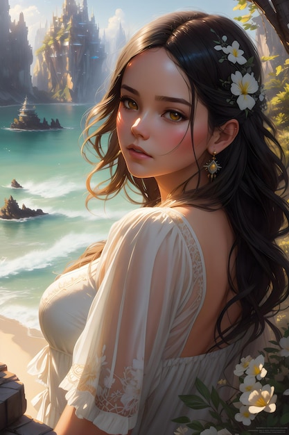 foto de una hermosa chica con una camisa blanca en la playa