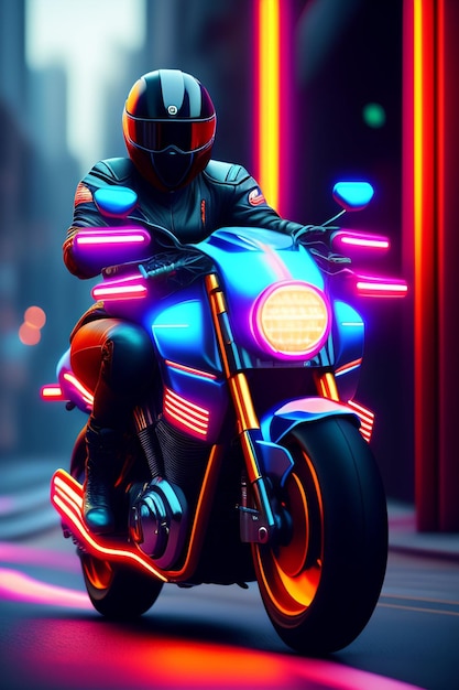 Foto hermosa chica cyberpunk montando una moto futurista en una ciudad futurista ai generativo