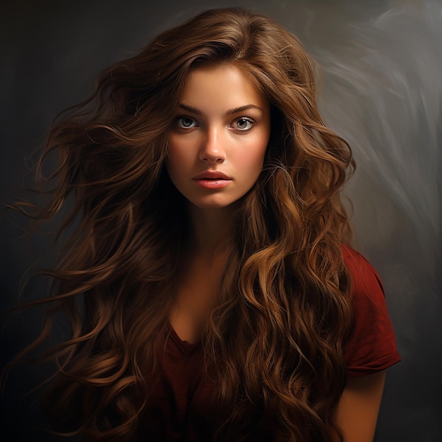 Foto foto de una hermosa chica joven con el pelo marrón largo mirando a la cámara