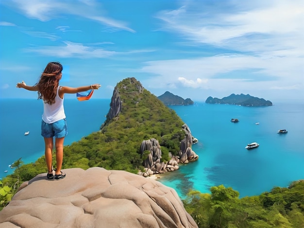 foto hermosa chica sentada en el mirador en la isla de Koh Nangyuan cerca de la isla de Koh Tao ai generado